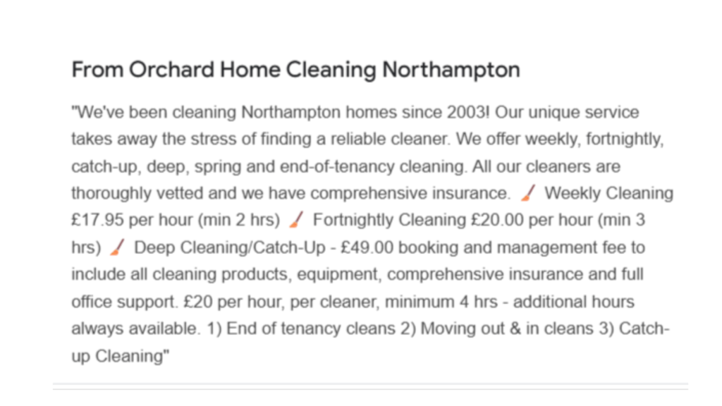 Orchard Home Cleaning GBP example. 