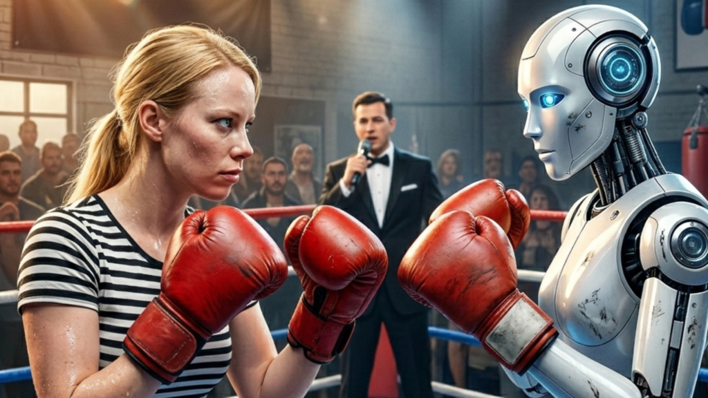Image of Hannah O'Neill versus a robot in a boxing match.