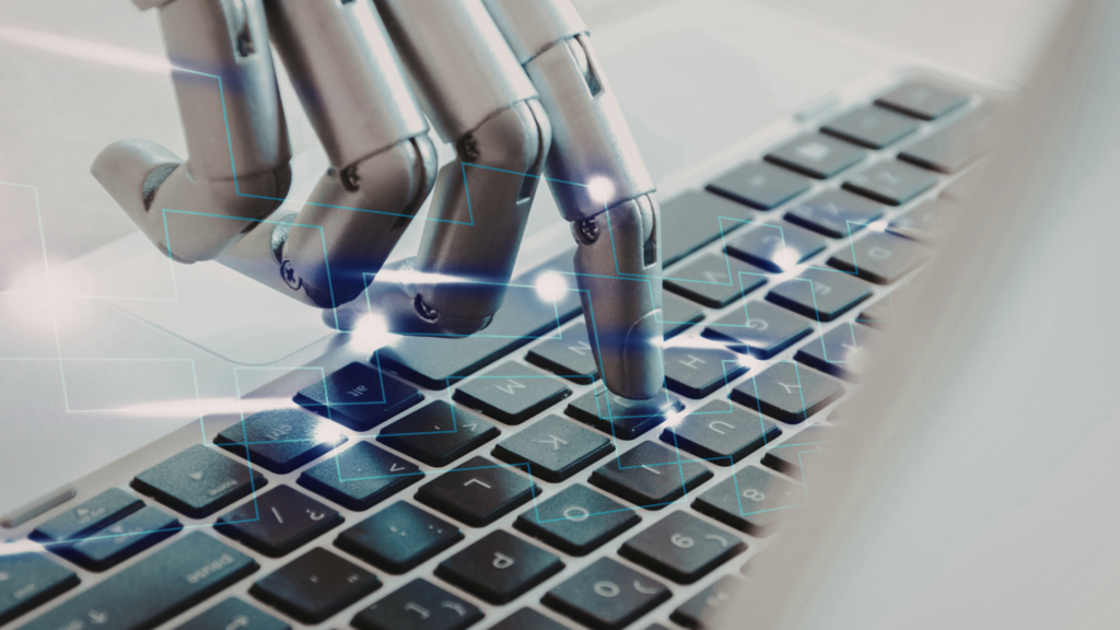 Futuristic image of a robot touching a keyboard