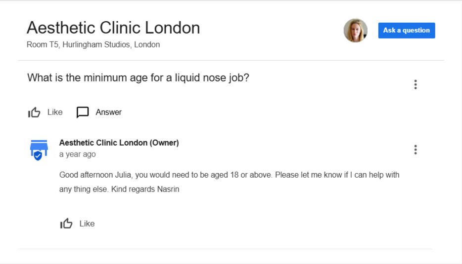 Google Business profile FAQ section for a London aesthetic clinic. 