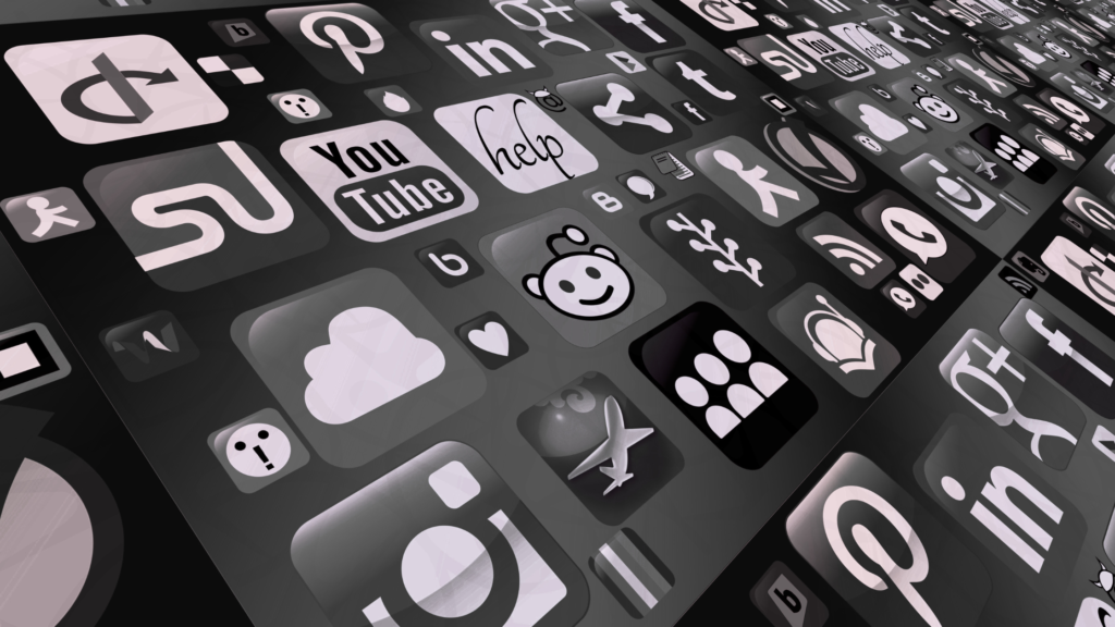 Social media marketing icons on a black background