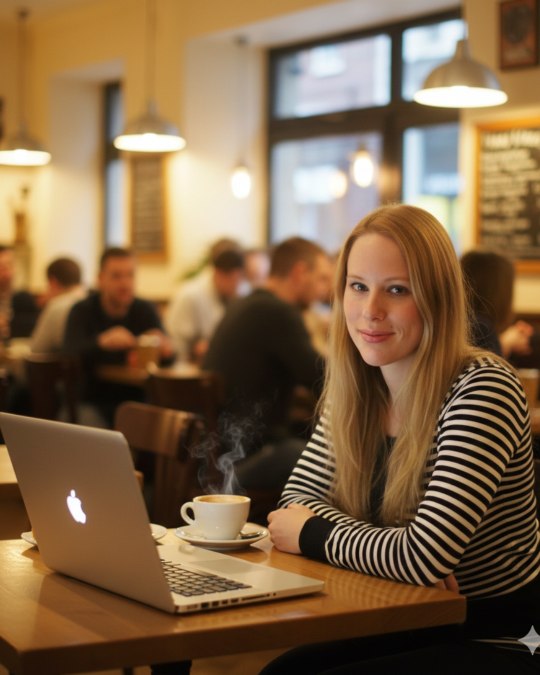 Hannah O'Neill sat in a cafe with a coffee and her laptop