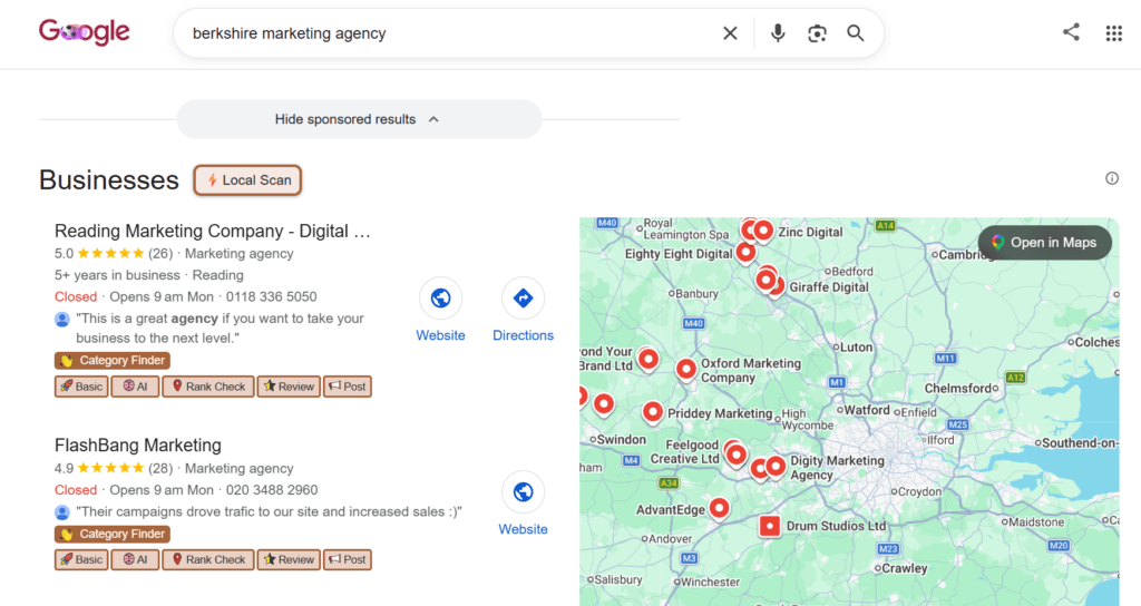 Screenshot of loal seo for small businesses Berkshire Marketing Agency 
