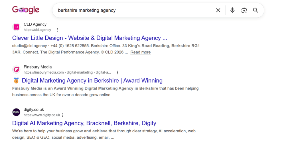 Berkshire marketing agency search general SERP results 