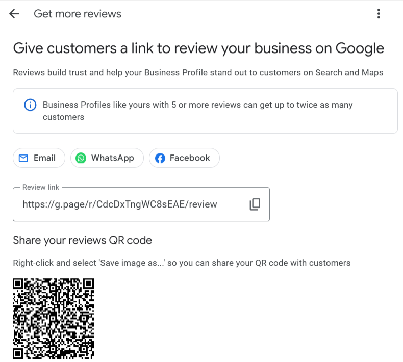 Screenshot of how to request reviews on Google Business Profile. 
