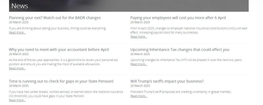 Screenshot of a blog news section