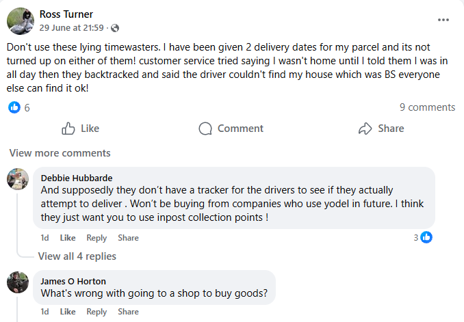 Yodel complaint on Facebook
