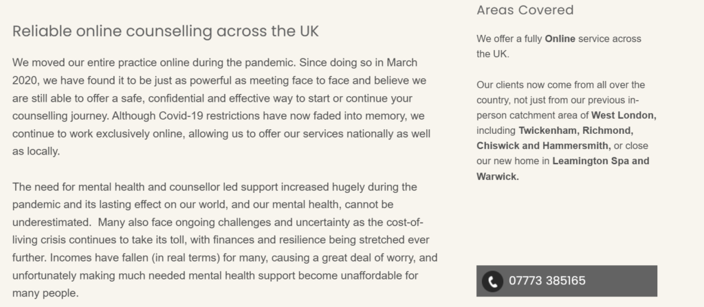 Screenshot of bad small business copywriting