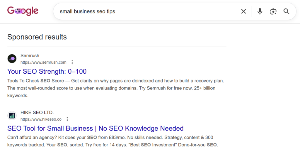 Screenshot of Google search seo tips sponsored results 