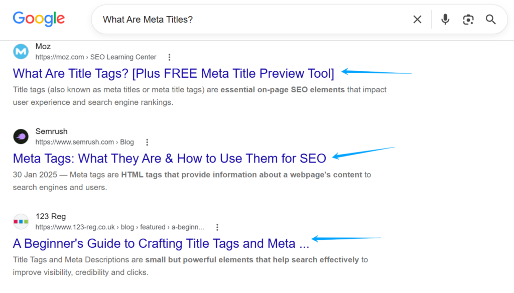screenshot showing meta titles