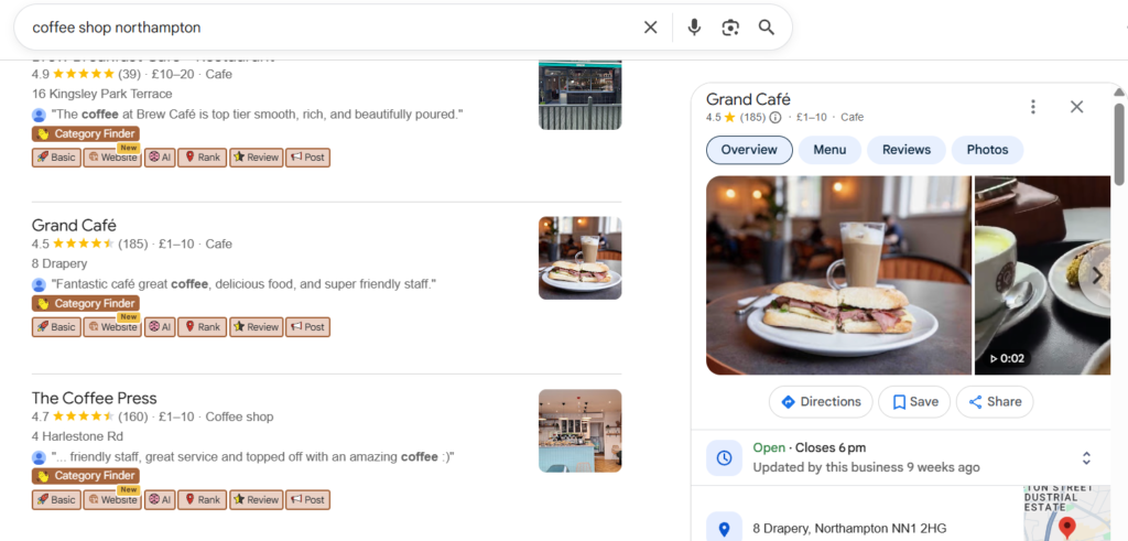 screenshot of Google SERPs for small coffee shops