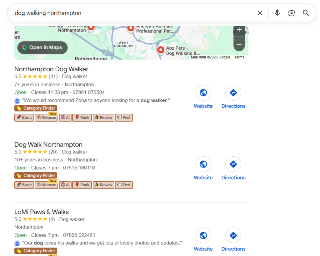 GBP screenshot Northampton dog walking