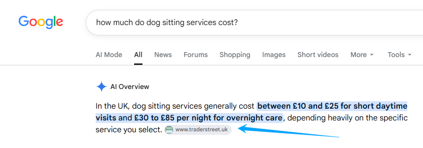 Google AIO screenshot for dog sitting service costs 