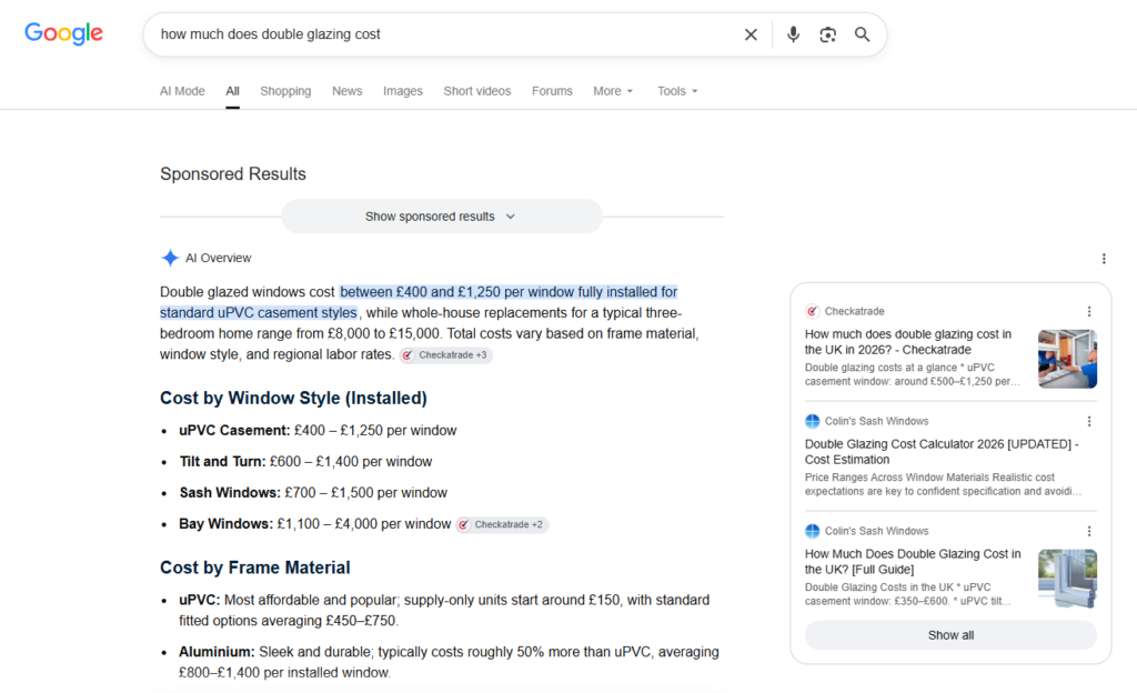 double glazing costs AI Overviews
