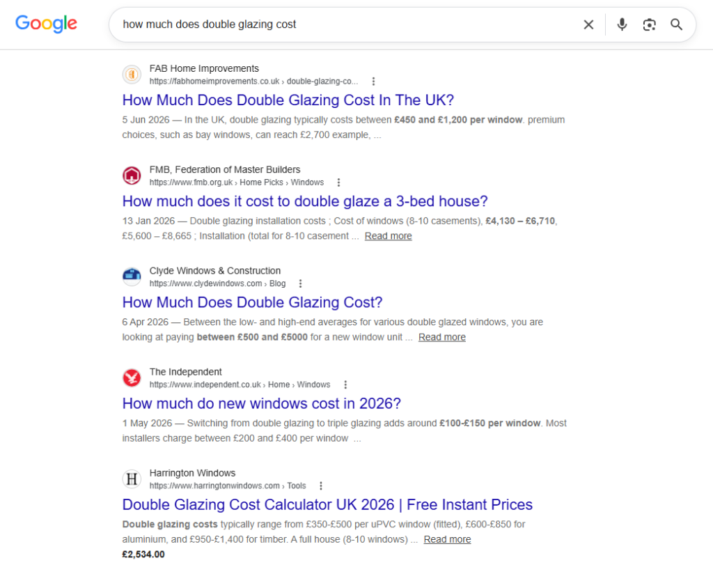 double glazing costs google SERP