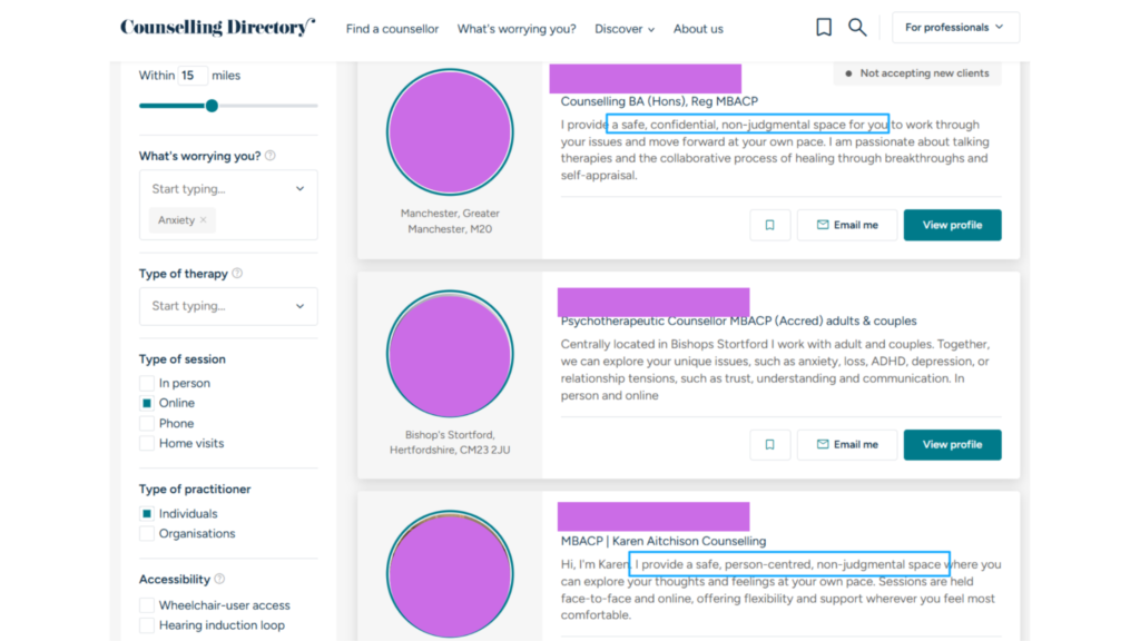 online counselling directory screenshot