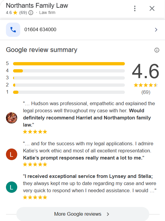 Northants family law google reviews screenshot