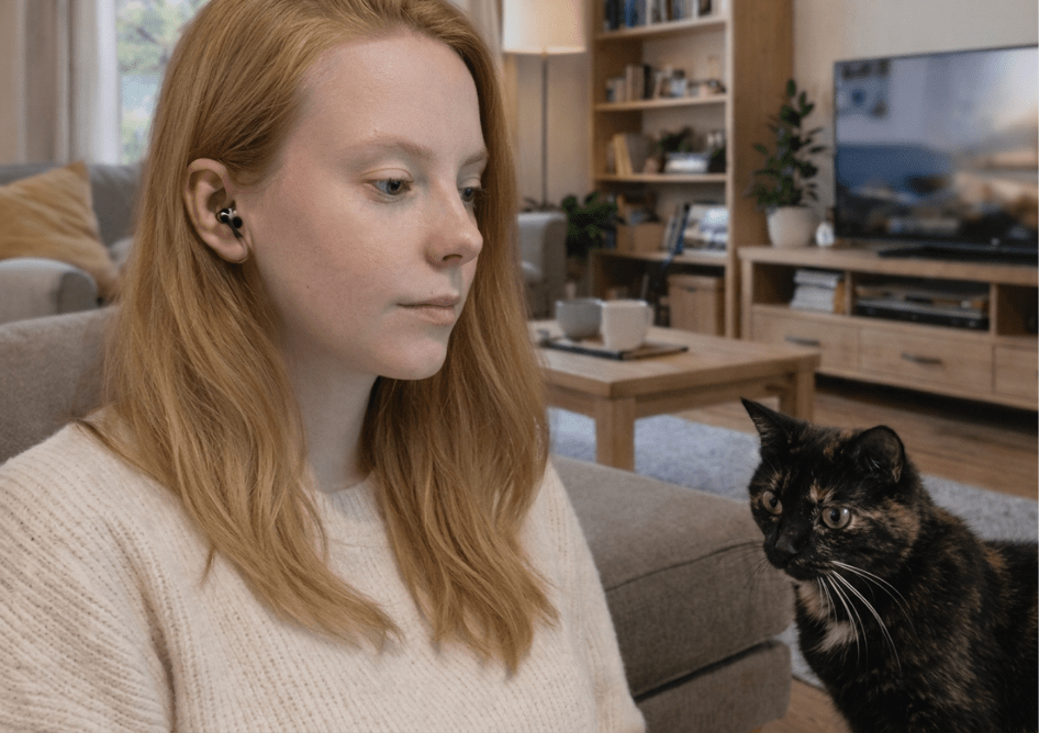Hannah O'Neill working on her laptop with a cat sitting nearby.